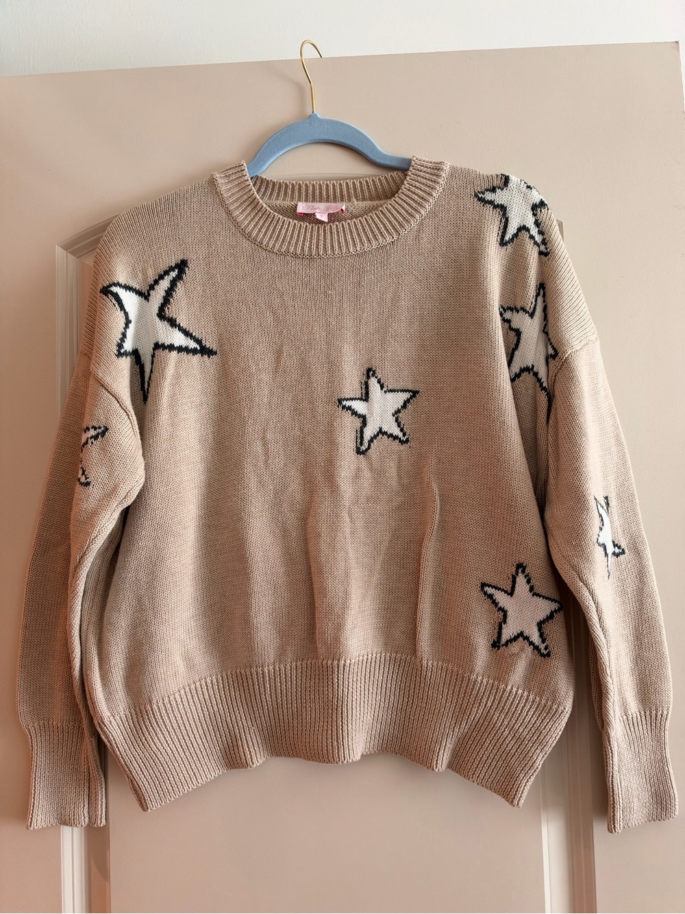 Pink Lily Beige Star Crewneck Sweater
